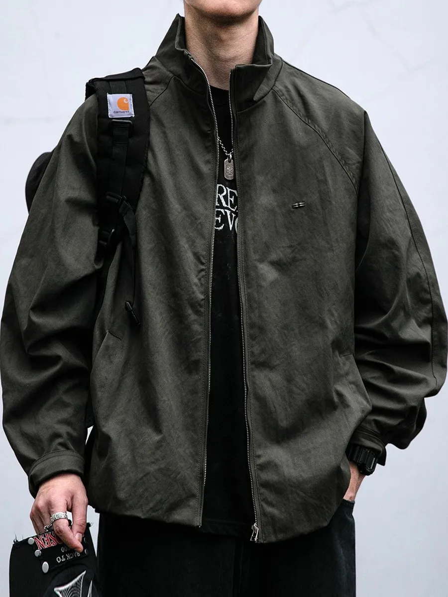 

Мужская демисезонная куртка большого размера в американском ретро-стиле, с воротником-стойкой, из окрашенной ткани, свободного кроя, немнущаяся, повседневная