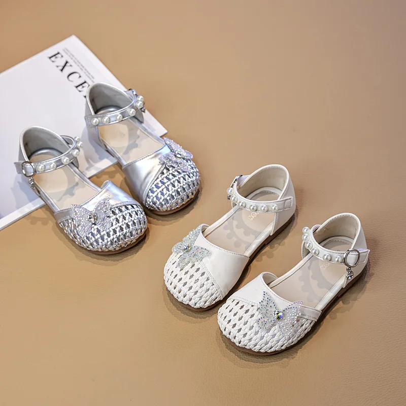 Girls Woven Flat Sandals Summer Rhinestone Butterfly Children Princess Shoes Dress Breathable Non-slip Kids Hollow-out Sandals