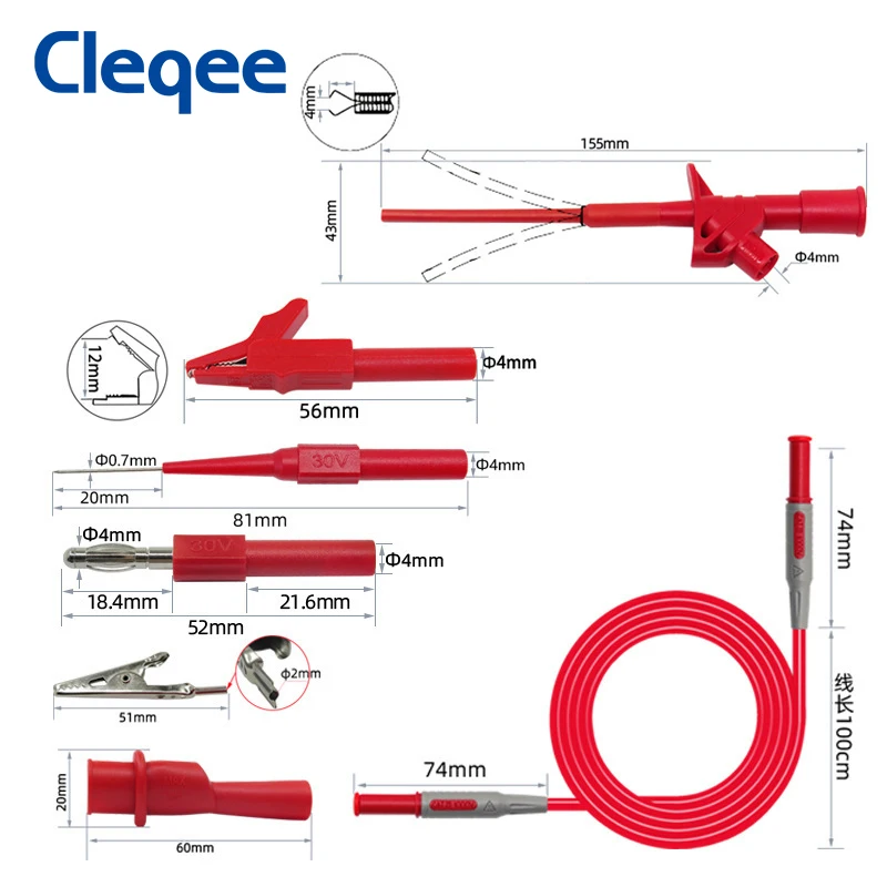 Cleqee P1600F 44PCS 4mm Banana Plug Multimeter Test Leads Kit Automotive IC Test Hook Clip Suitable for Fluke