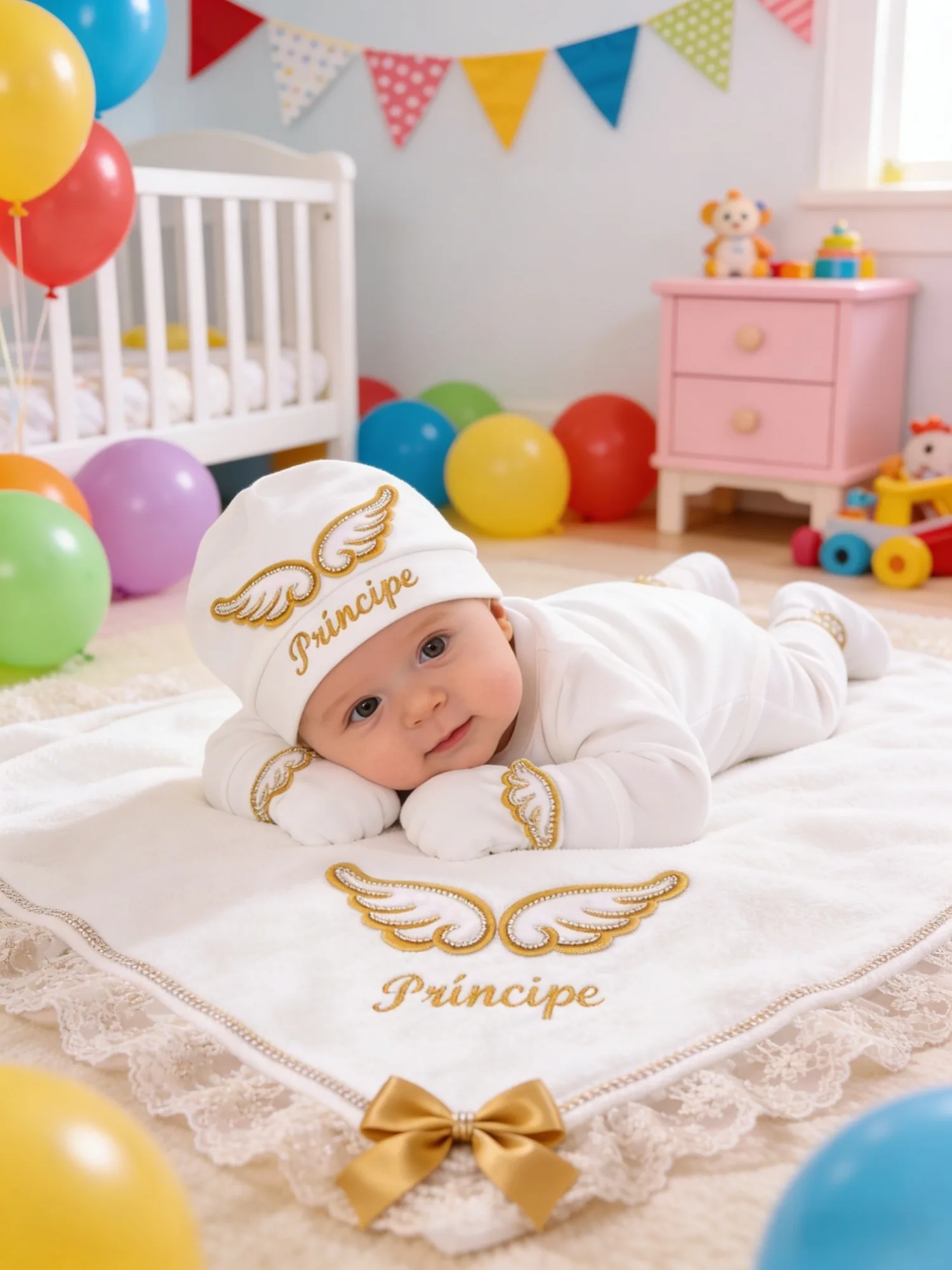 Adorable Baby Boy Prince Angel Set - Gold Wings - Perfect for Baptism & Special Events