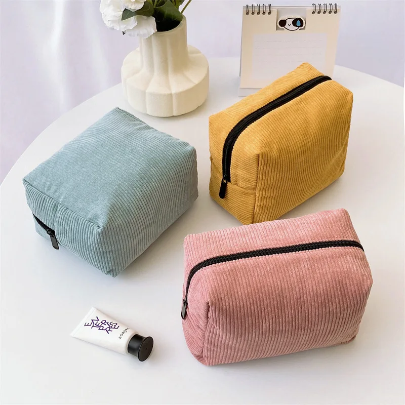 Korean-style minimalist corduroy makeup bag with large capacity