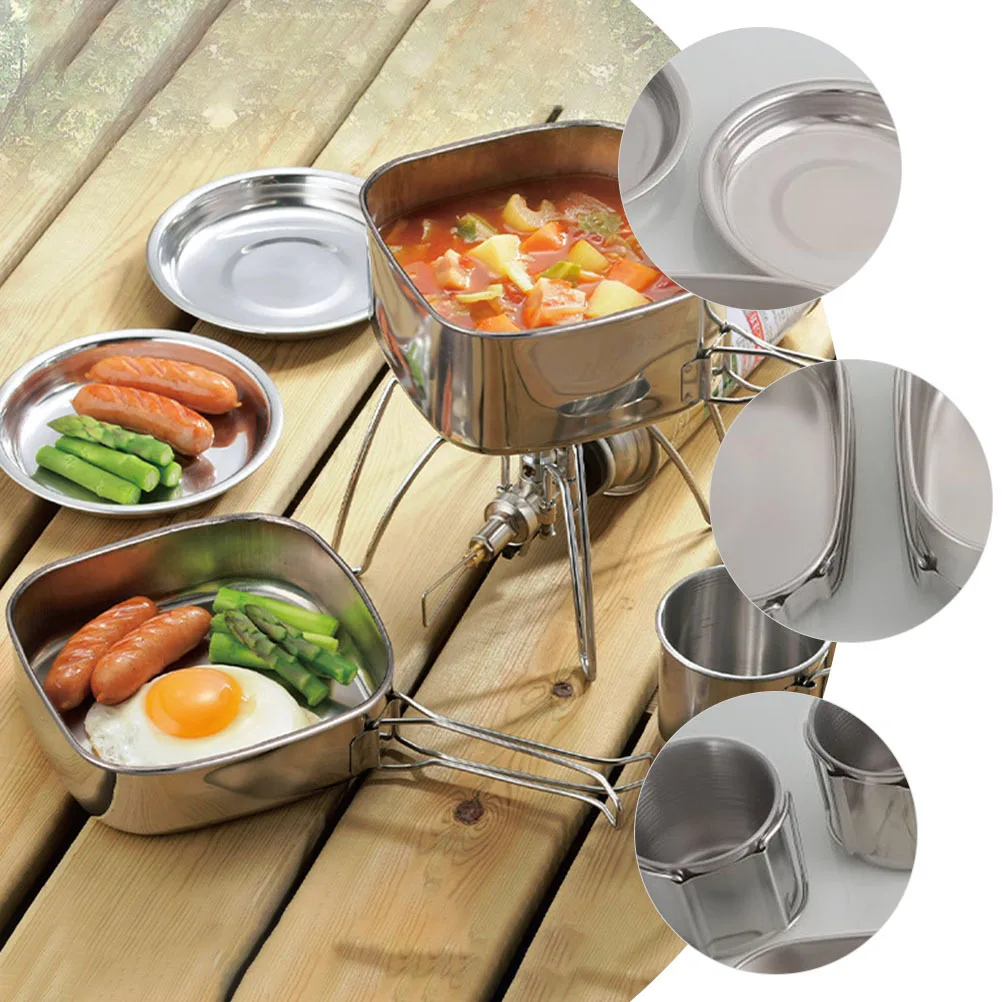

Stainless Steel Cookware Set Camping Cookset Pot Gooseneck Outdoor Cooking Supplies Portable for Use Kitchen Equipment