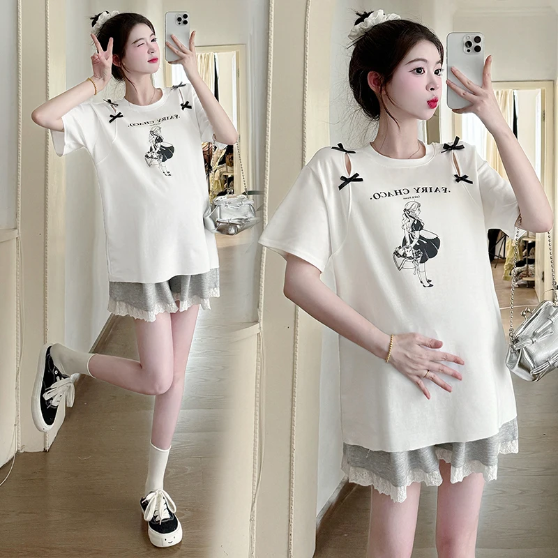 Summer Maternity T-shirt Short Sleeve O-Neck Hollow Out Bowknot Fashion Printing Pregnant Woman Cotton Tops Pregnancy White Tees