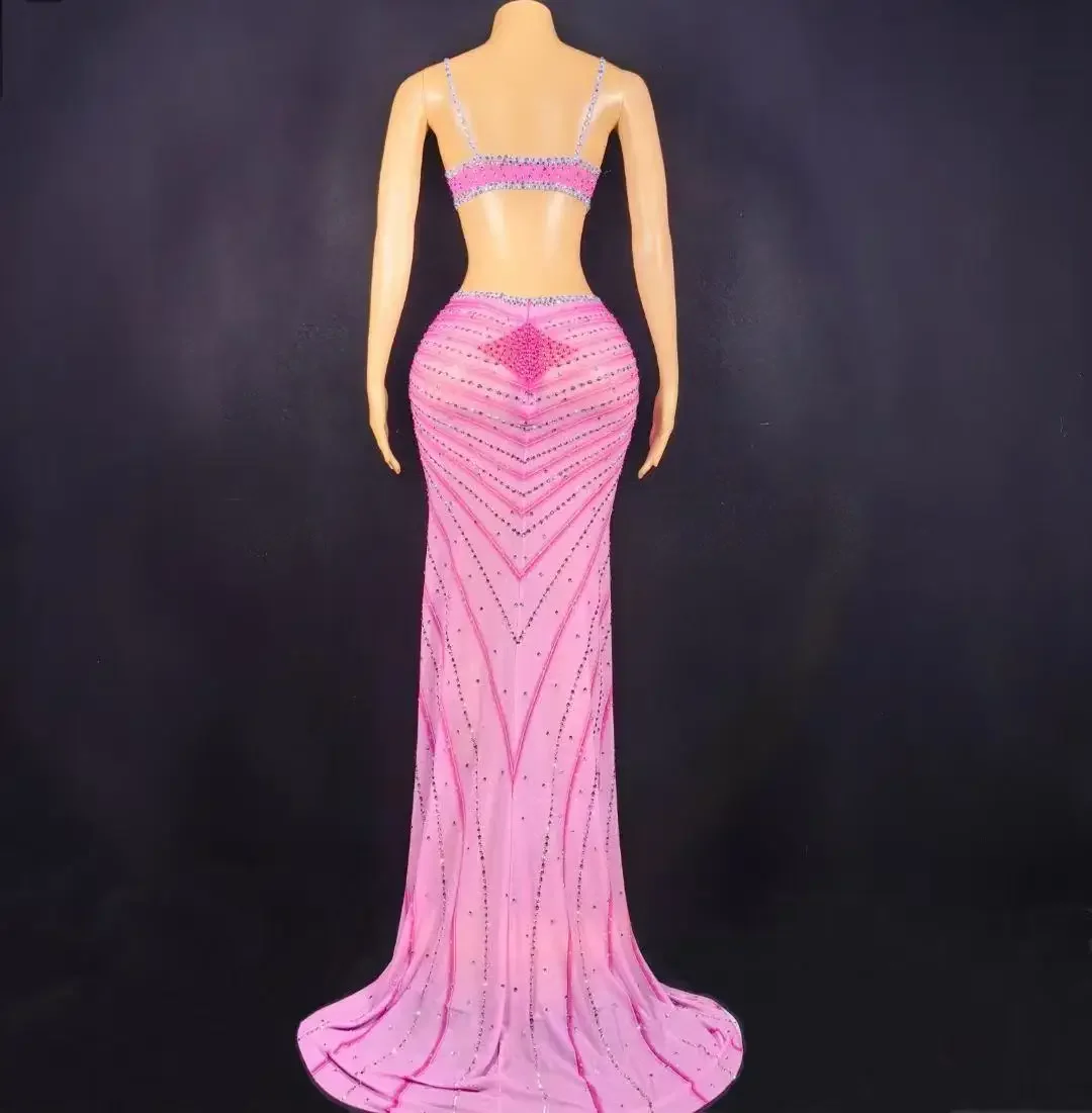 Vestido Sexy para sesión de fotos, rosa, azul, brillante, con diamantes de imitación, vestido sin espalda con abertura alta, vestido de fiesta de noche, alfombra roja para escenario