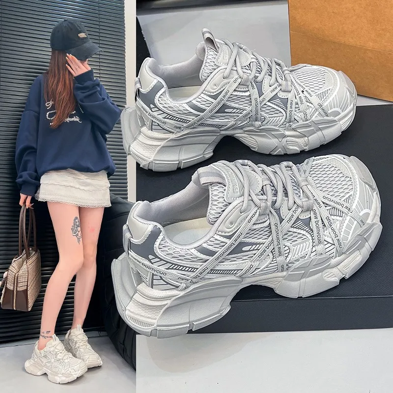 Women Mesh Dad Sneakers Lace‑Up Thick Chunky Sole Breathable Lightweight Casual Sports Shoes Multicolor Outdoor Daily Footwear
