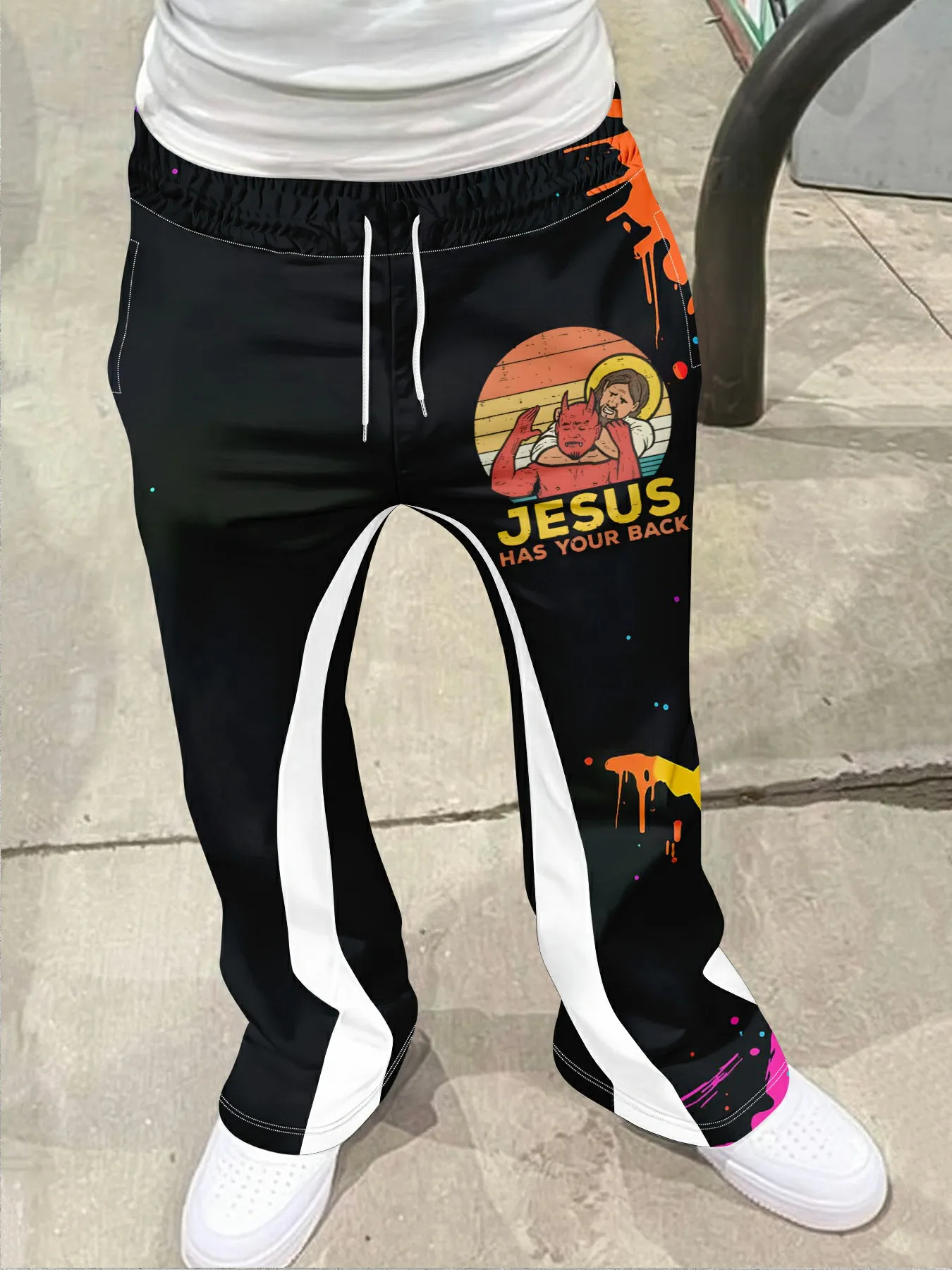 

Men's Casual Street Style Trendy Cross Print Fashionable Slightly Flared Black and White Color-Block Design Sweatpants Men Pants