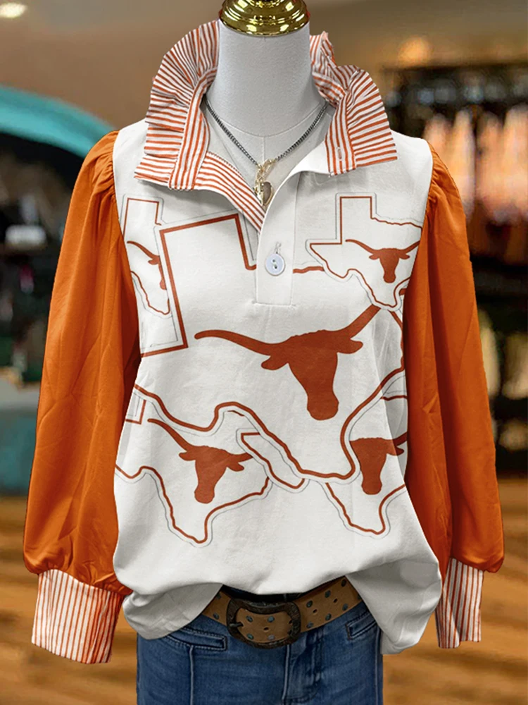 Gameday Longhorns Print Stripe Puff Sleeve Shirt