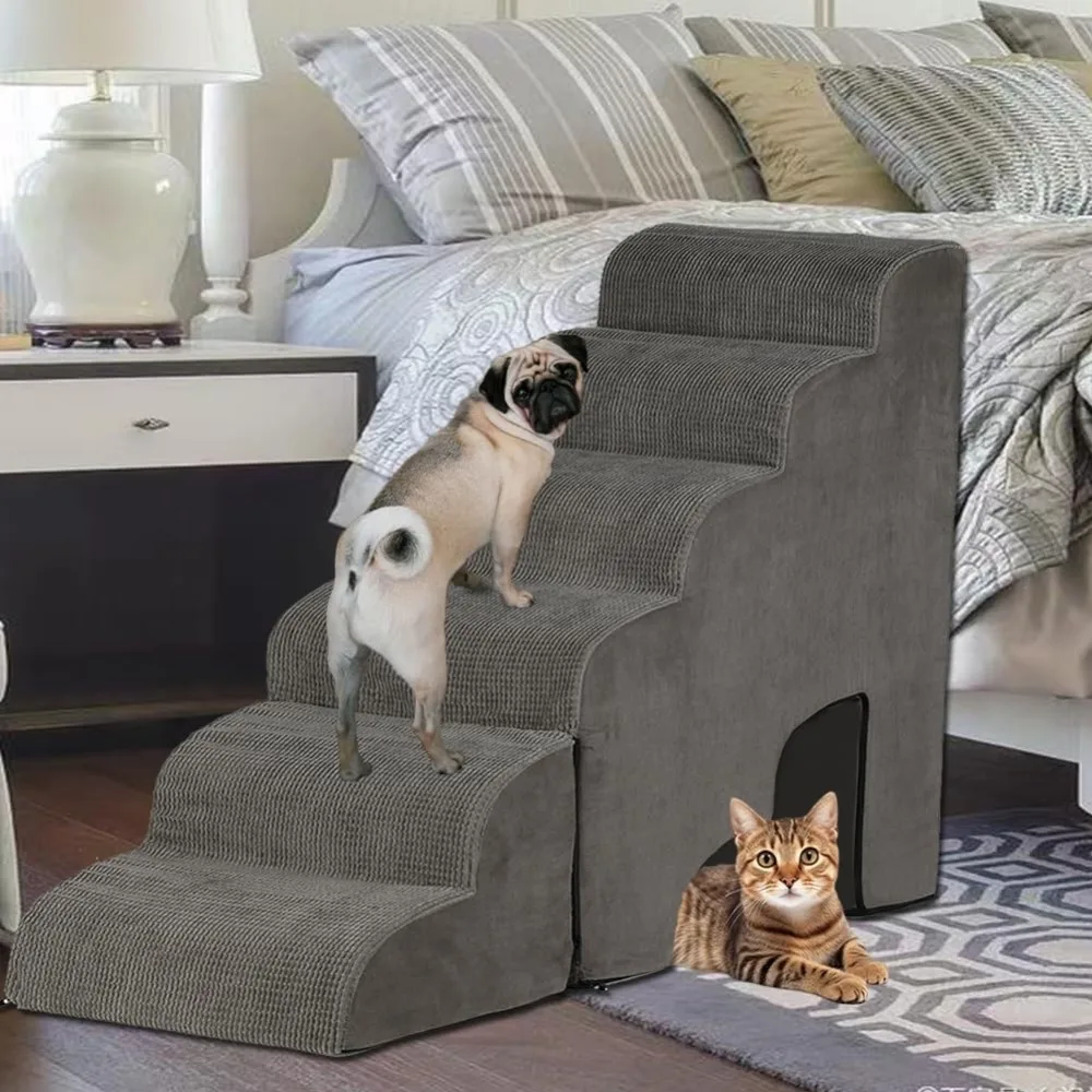 

Dog Stairs for High Beds 25-30 inches Tall, 6-Step Dog Steps for High Bed for Doggies/Kitties, 30D Foam Pet Stairs Steps for Sma