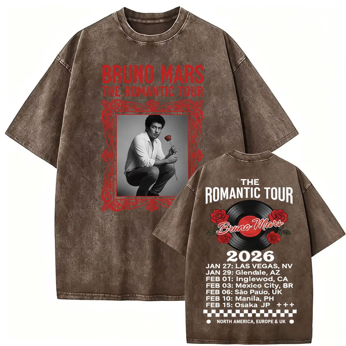 Vintage Washed Bruno Mars The Romantic Tour 2026 T Shirt Men Women Fashion Hip Hop Street T-shirts Summer Tops Oversized T-shirt