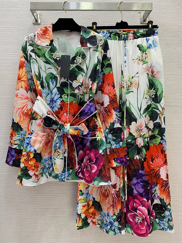 가을 여성 레저복 프린트 레이스 허리 포켓 긴팔 셔츠+엘라스틱 허리 와이드 레그 바지 패션 투피스 세트