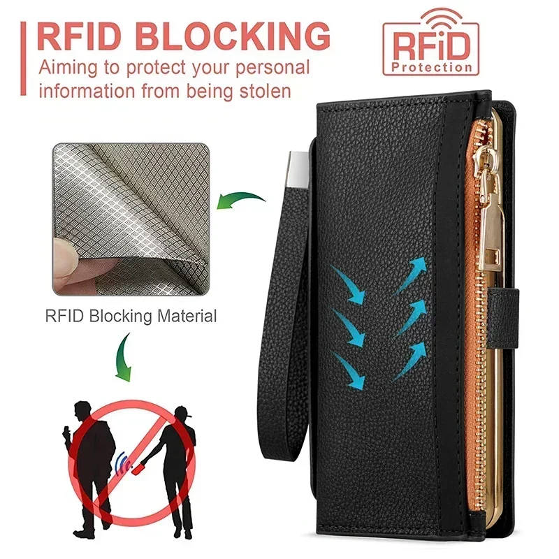 Wallet Leather Case For Samsung Galaxy Z Fold 5 4 3 2 6 ZFold5 ZFold4 With Pen Holder Card Slot Lanyard Zipper Wallets Flip Bag