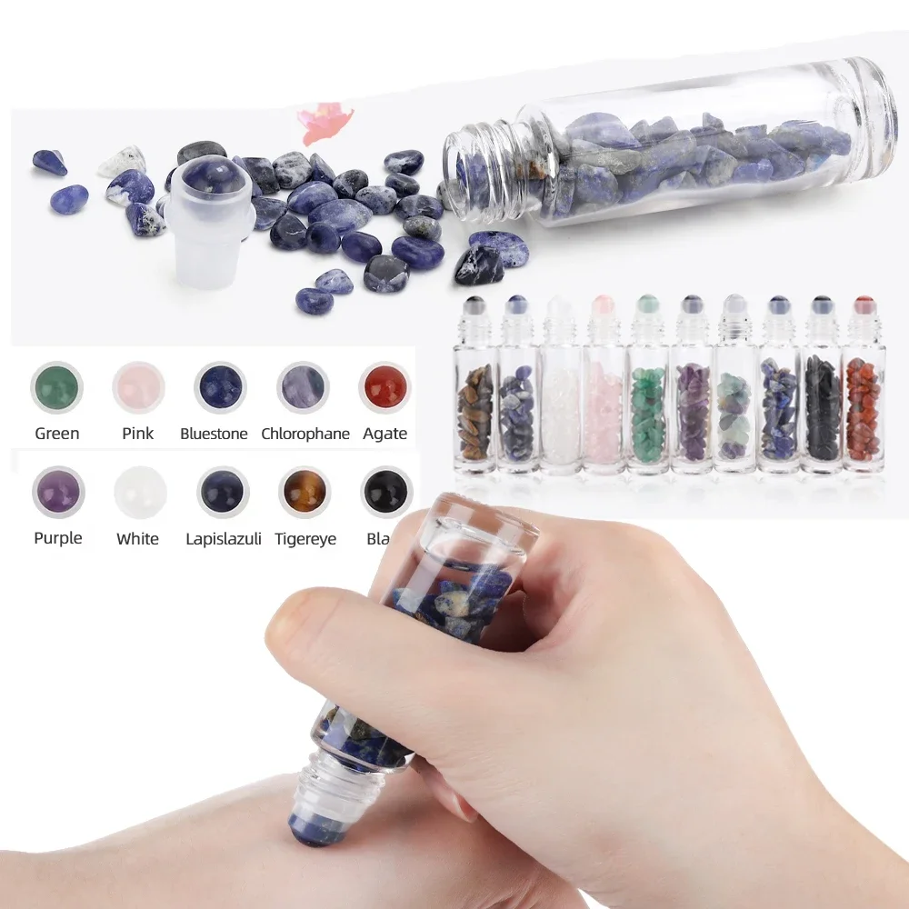 10ml 10pcs Natural Jade Crystal Chips Glass Roller Bottle for Essential Oils Roll-On Refillable Perfume Oil Liquid Bottle Travel