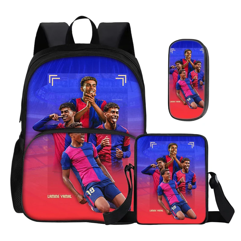 3Pcs set with Front Pocket Backpack Shoulder Bags Pencil Bag L-Lamin Yamal Kids Backpack Football Star Rucksack