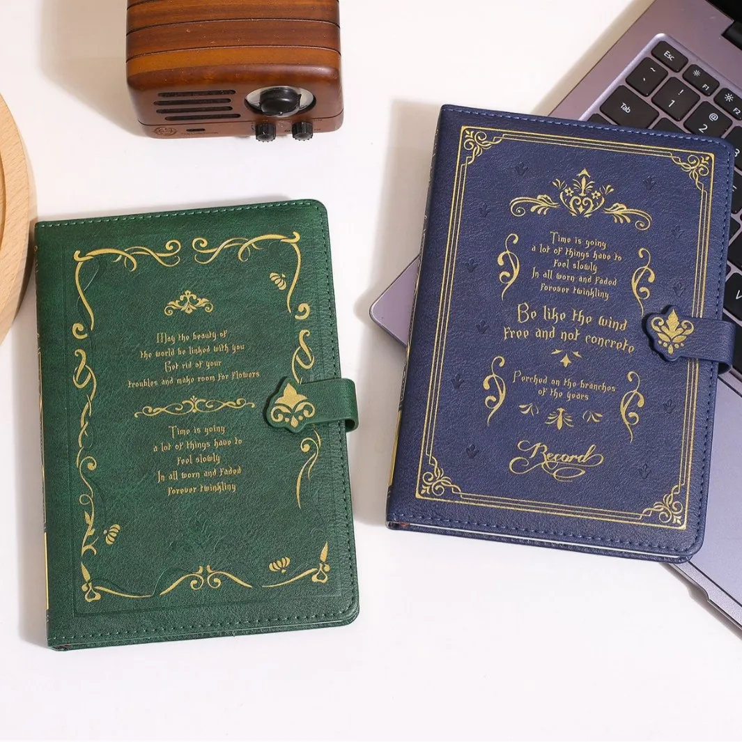 Vintage Gold Printed PU Leather Notebook Cute Compact Portable Pocket Hard Shell School Office Diary Supplies