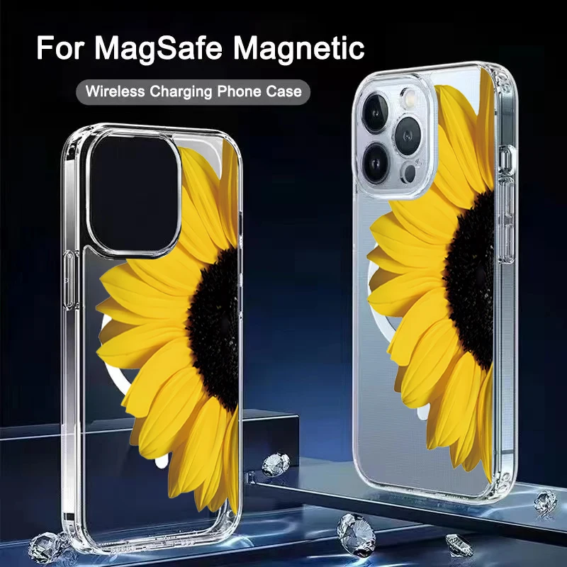 

Retro Luxury Sunflower Pattern Magnetic Magsafe Transparent Phone Case For iPhone 16 15 14 13 12 11 Pro Max 14 15 16Pro Fundas