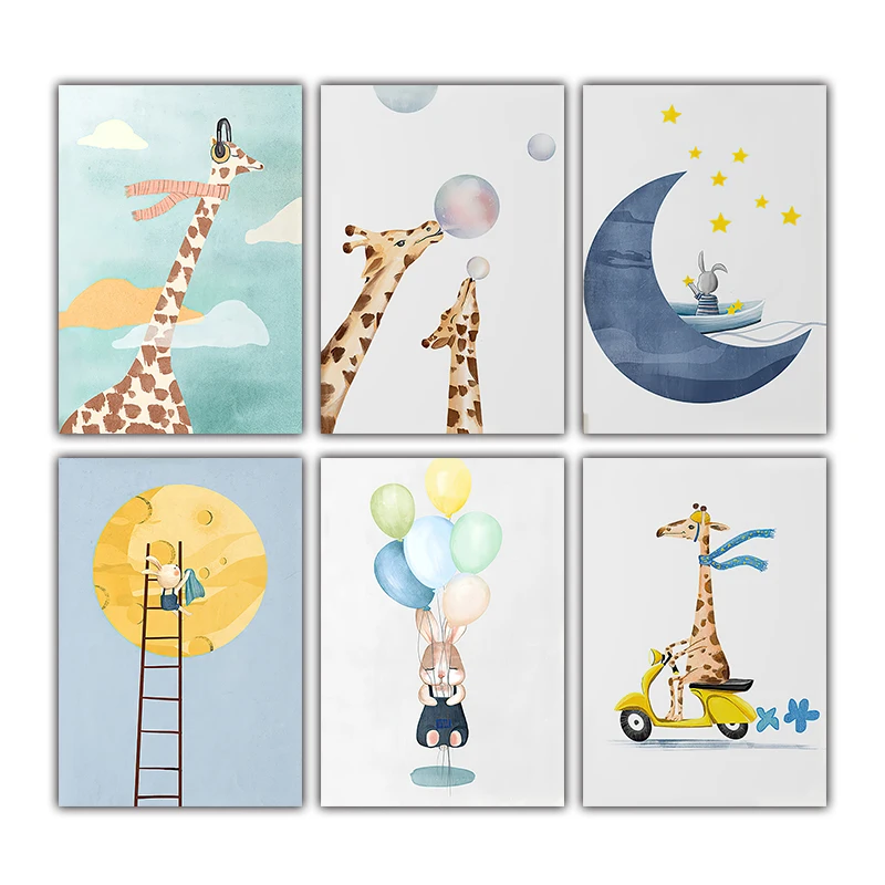 

6Pcs/Setkawaii Cartoon Animal Balloons Rabbits Bubbles Giraffes Canvas Poster Art Picture Wall Scandinavian Children's Room Home Decor