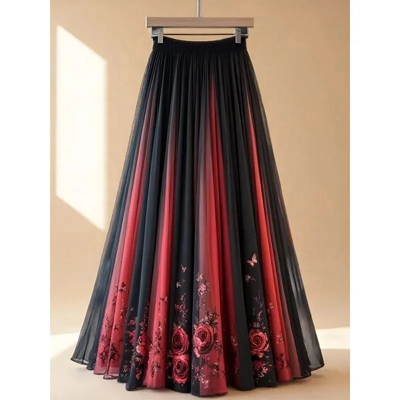 New Fashion Floral Printed Skirt Women Summer Elegant Folds Casual Loose Contrast Color A-Line Umbrella Skirts Holidays Jupe