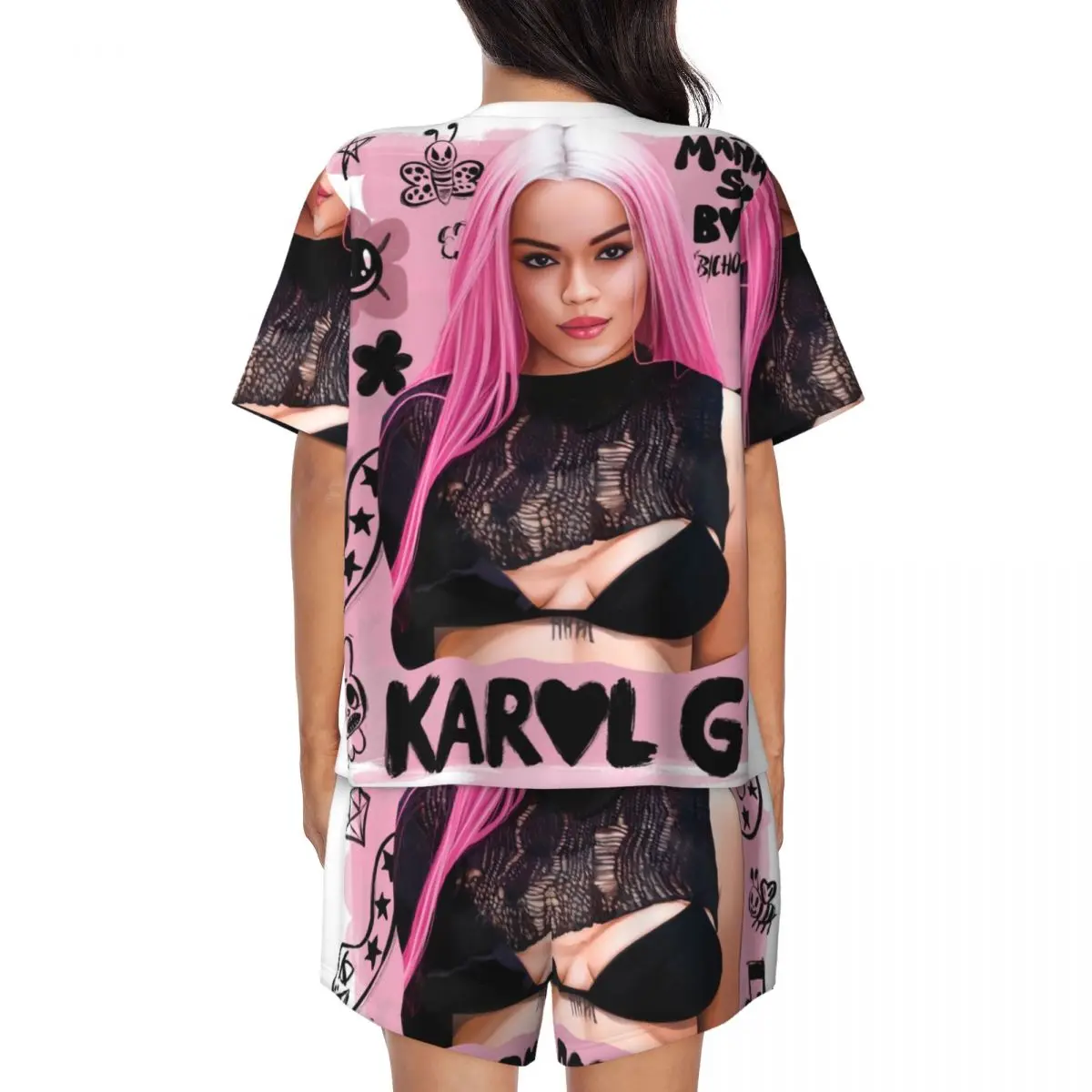 Custom Karol G Pink Hair La Bichota pigiama Set per le donne 2 pezzi manica corta Sleepwear Loungewear PJS Shorts Set