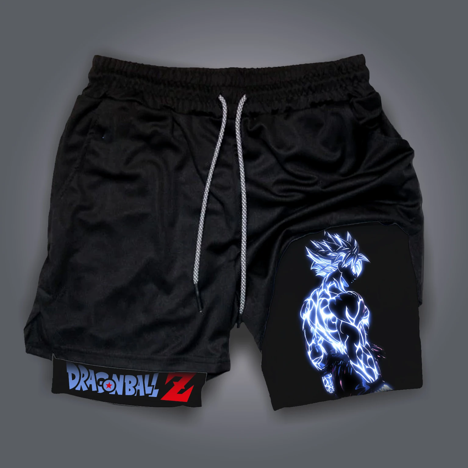 Pantalones cortos para correr de doble capa y de secado rápido, pantalones cortos de gimnasio con estampado de anime, pantalones cortos de entrenamiento flexibles para hombres.