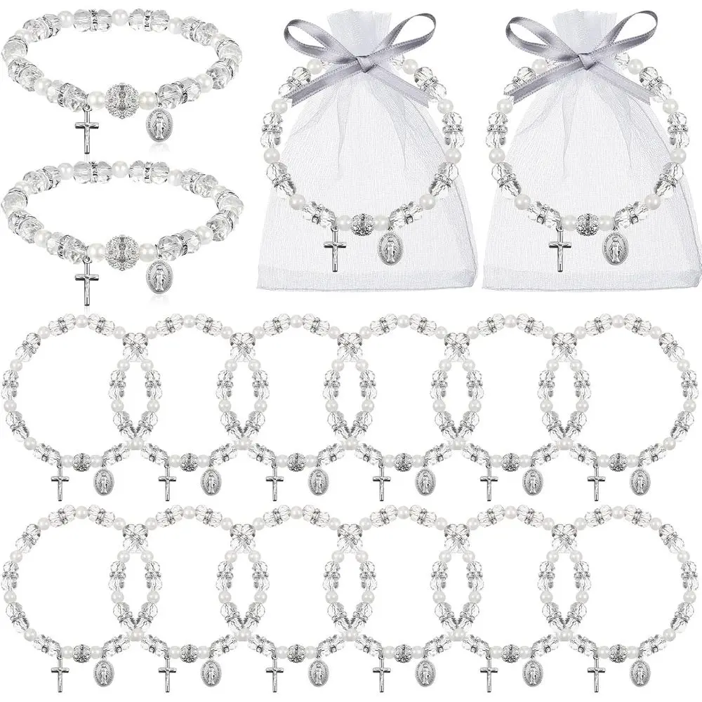 Pulseras de Rosario Blancas al por Mayor con Bolsas de Malla, Joyería Religiosa con Cuentas para Mujer, Ideal para Regalos de Bautizo y Primera Comunión