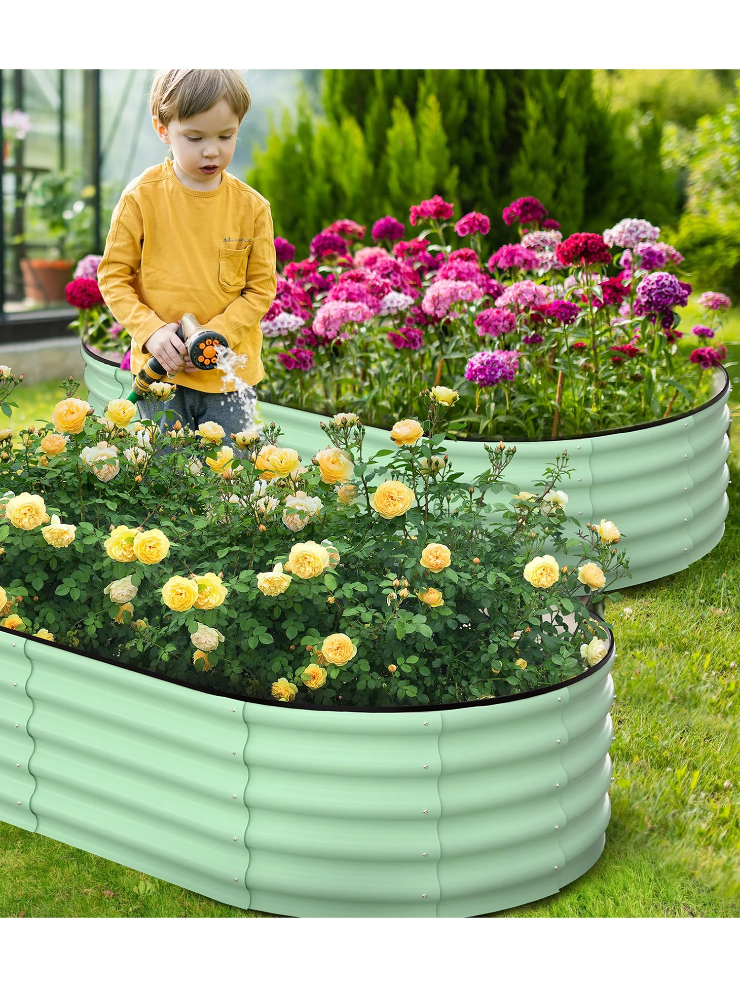2-pack ovale gegalvaniseerde stalen verhoogde moestuinbak met open bodem en veiligheidsrand, metalen plantenbak voor groenten, bloemen en kruiden - afbeelding 2