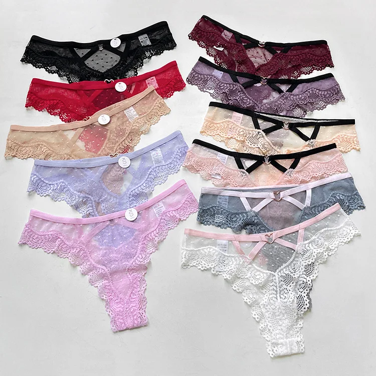

Sexy Butt Lift Thong for Women Lace Polka Dot Mesh Low Waist Hollowed Out T-Panties Seductive Underwear