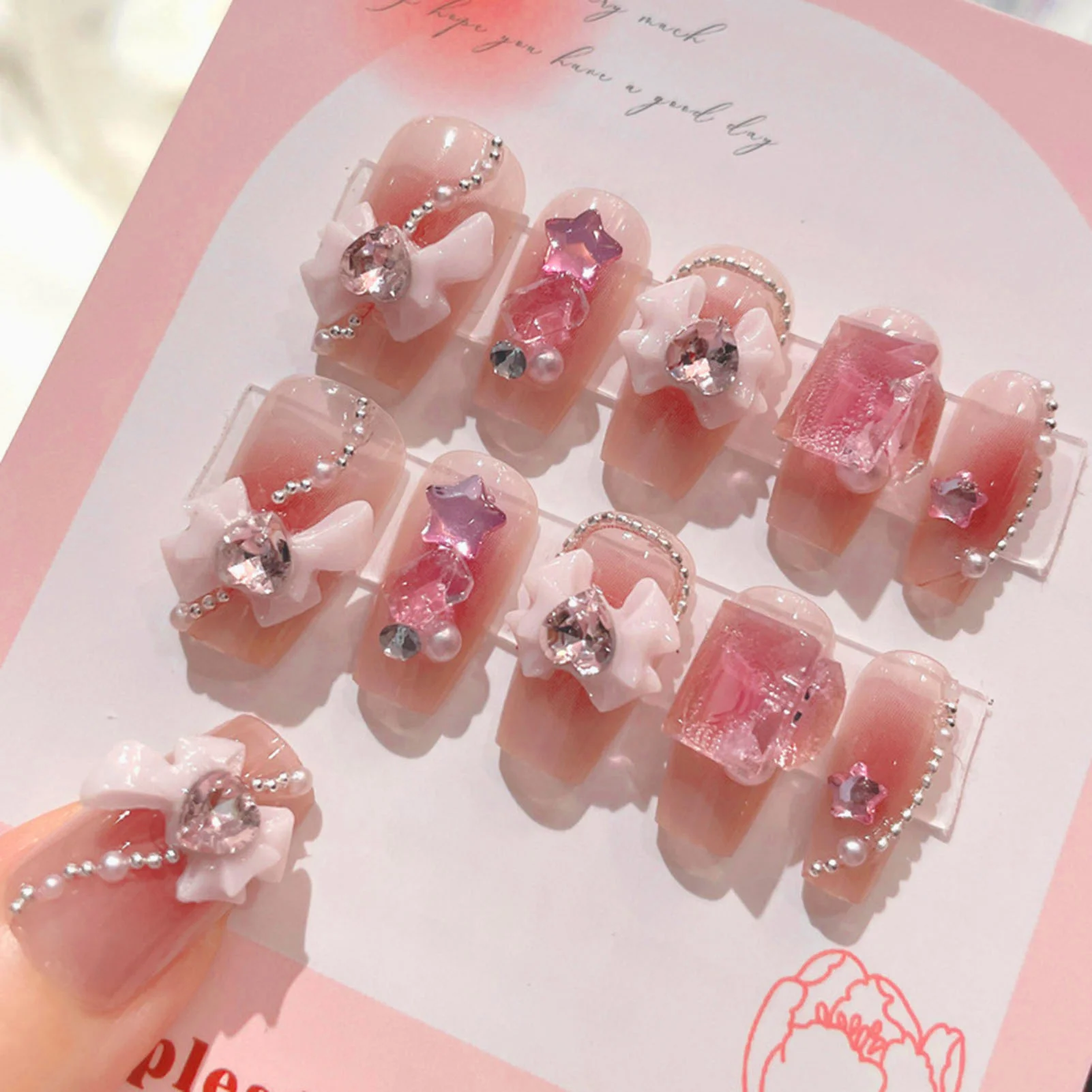 24Pcs Nude Pink Fake Nails 3D Bowknot Rhinestone Star Love Heart Decor Mid-length Ballet Press on Nails Detachable False Nails