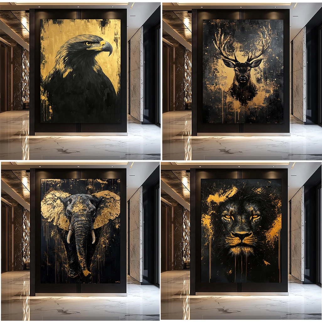 Pintura en lienzo de zorro, elefante, águila, póster con estampado de animales de oro negro, decoración de animales salvajes de lujo, decoración abstracta moderna dorada para el hogar
