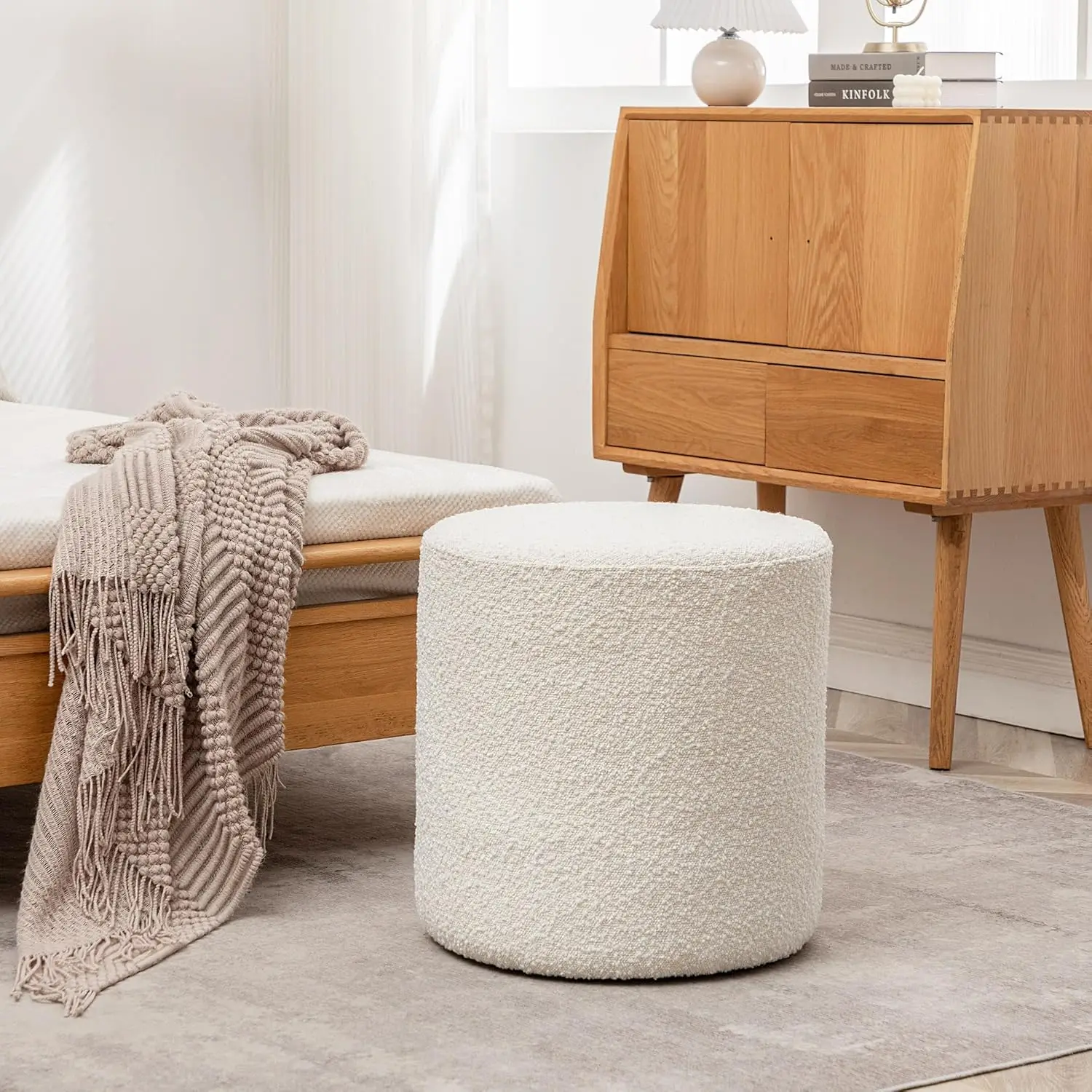 

Modern Round Boucle Upholstered Ottoman With Soft Padded Seat, Multi-Functional Sofa Footrest, Side Table, Extra Seating For