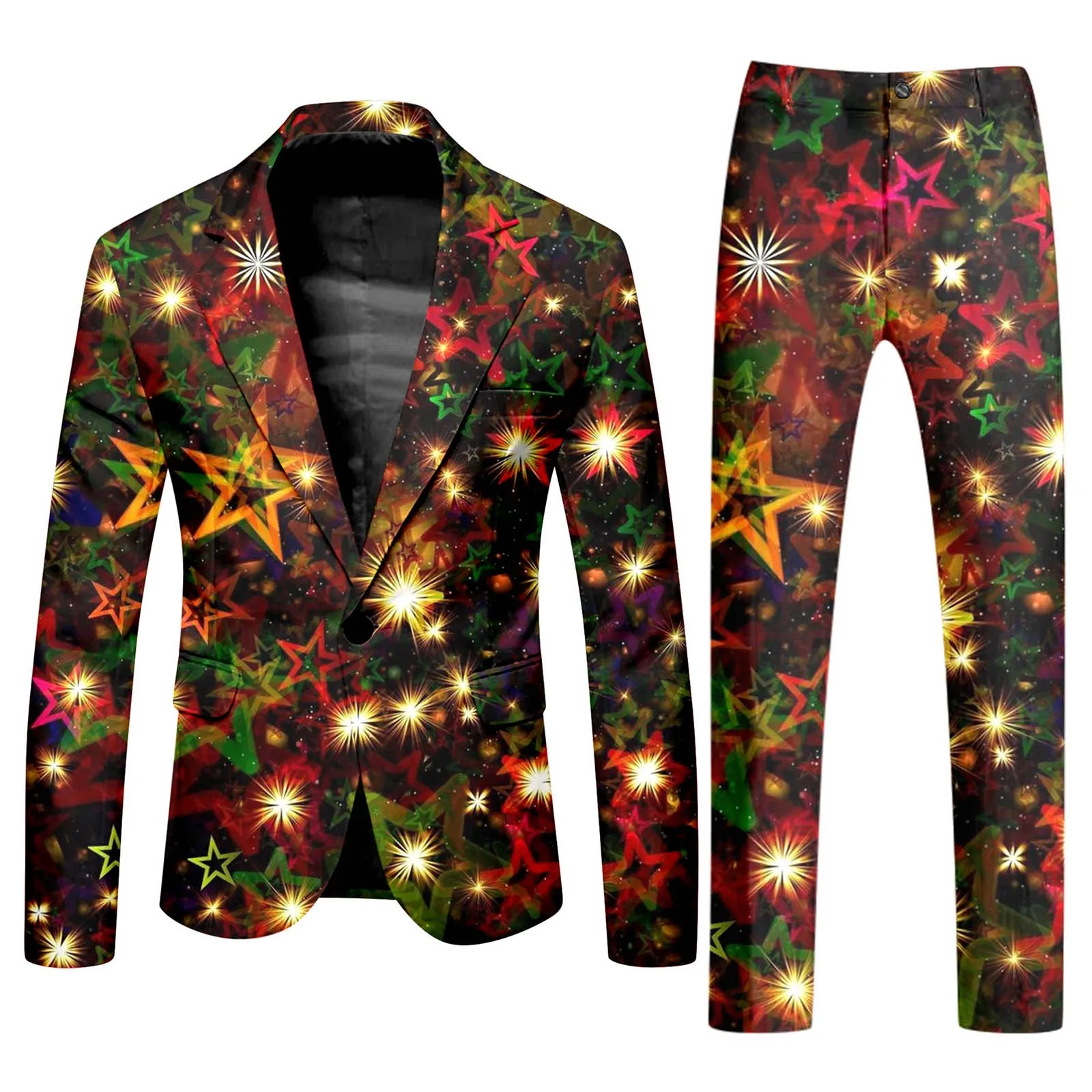 Christmas Star Printed One Button Suit and Trousers Men Casual Slim Fit Trendy Comfortable Business Two Piece Pants Suit