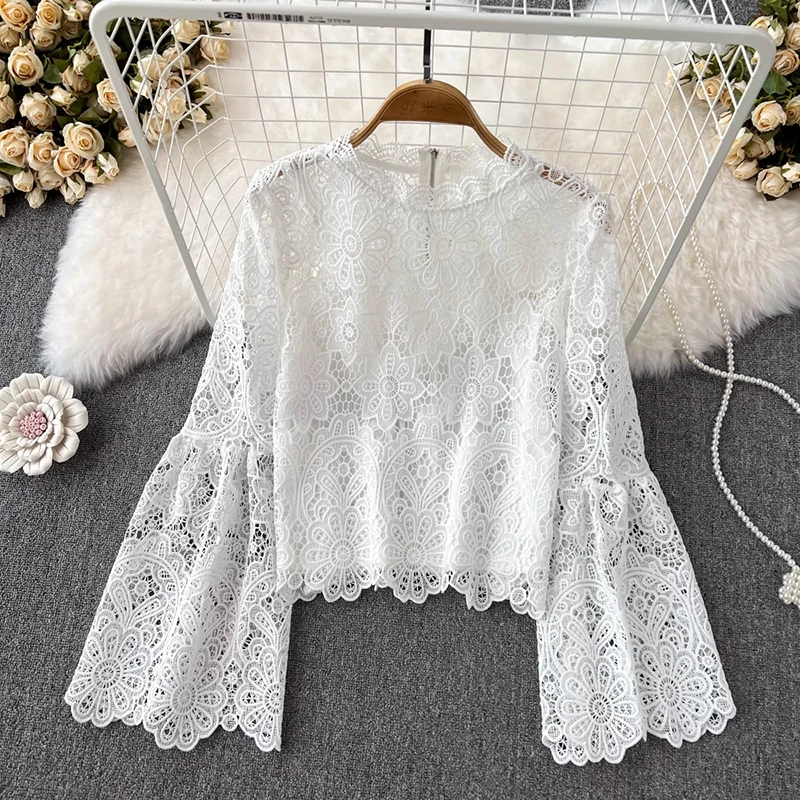 EWQ Fashion Hollow Out Lace Blouse For Women Round Neck Loose Long Sleeve Solid Color Zipper Tops Clothing 2024 New 27X651