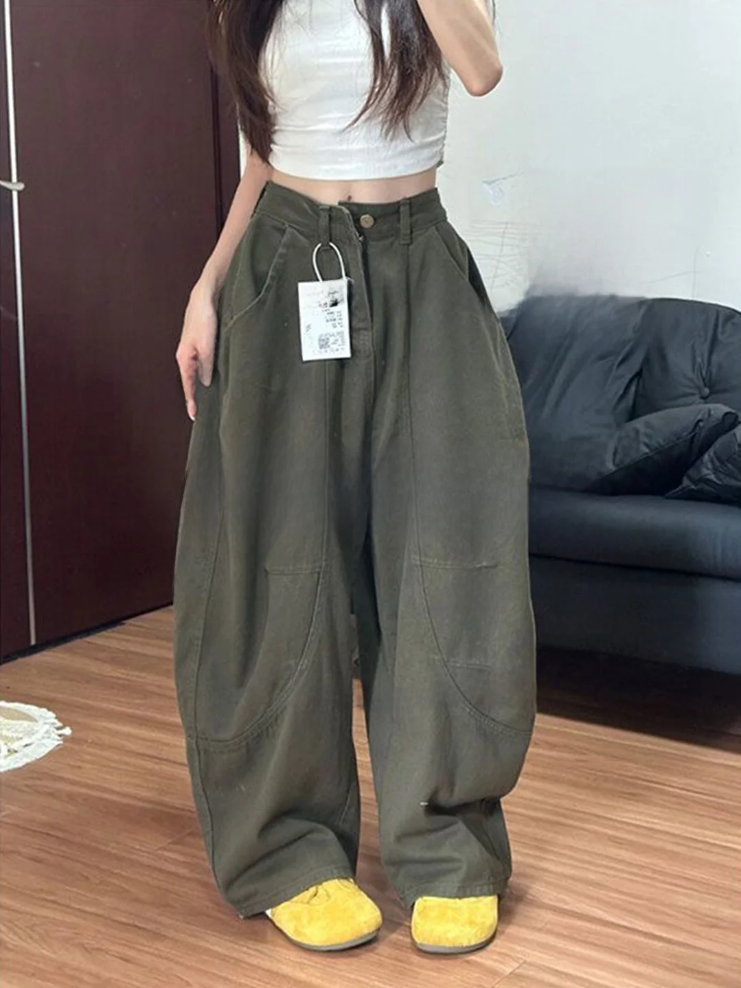 

Американские свободные джинсы с высокой талией, женские брюки больших размеров в стиле милитари, рабочая одежда, утягивающие широкие брюки