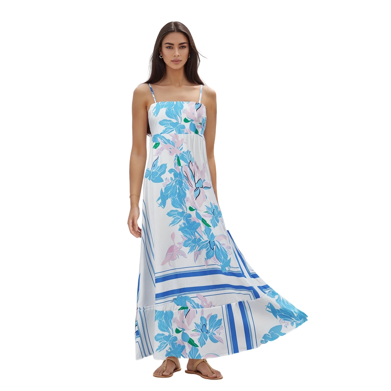 Abito lungo con canotta floreale per donna Abito estivo alla moda con cinturino per spaghetti senza maniche A Line Cami