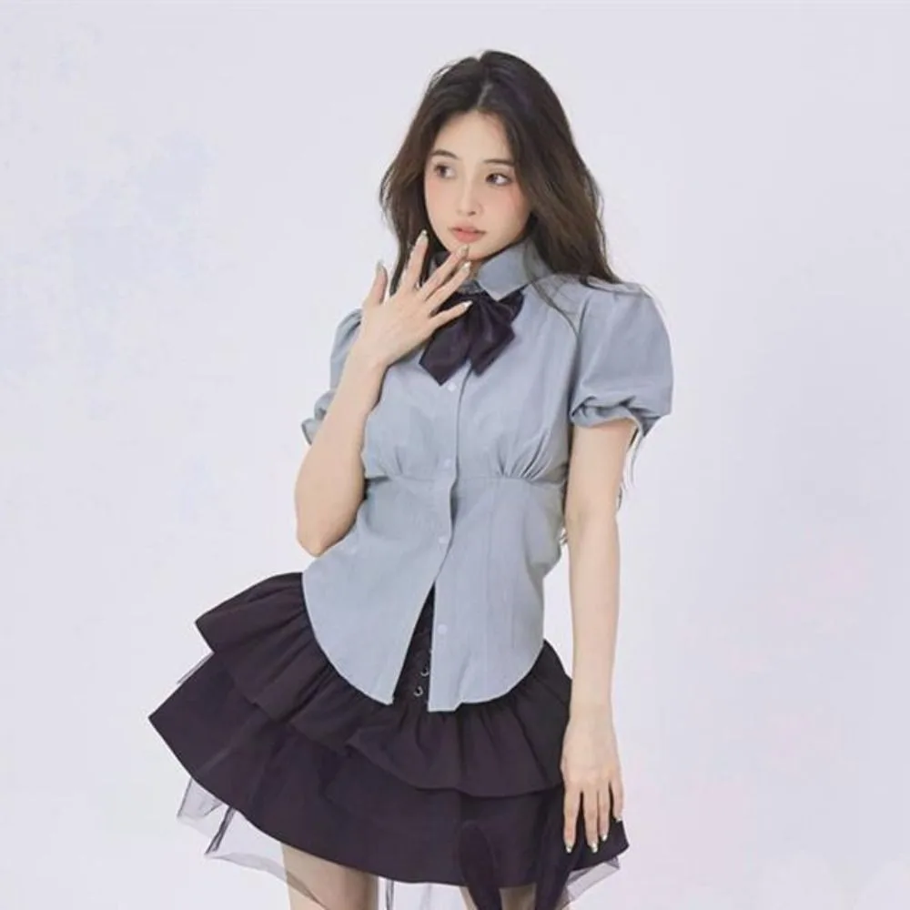 

Bowknot JK Short Sleeve Shirts Y2K Preppy Style Slim Blouse Women Puff Sleeve Crop Top Sweet Girls Shirts Streetwear