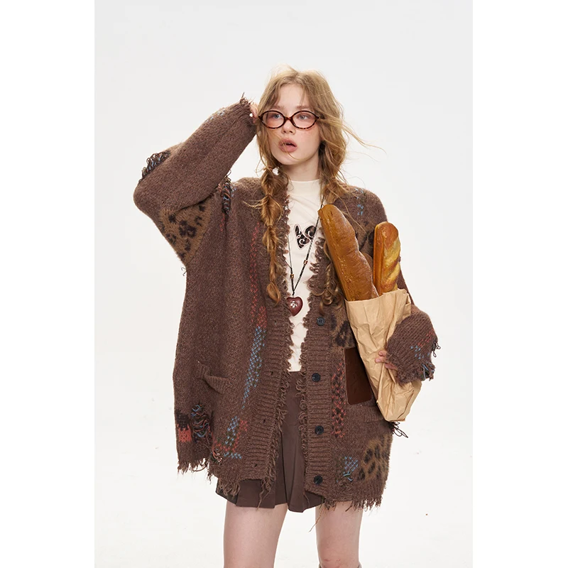 ELFSACK Women's Vintage Leopard Print Knit Cardigan with Fringe Trim, Loose Long Sleeve Brown Sweater Coat for Fall, Casual Boho