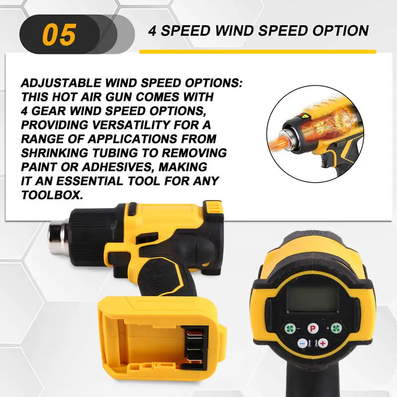 Cordless Heat Gun 540℃ Temperature Adjustment LED Display 4 Gear Wind Speed Electric Hot Air Gun For Dewalt 18V20V Battery