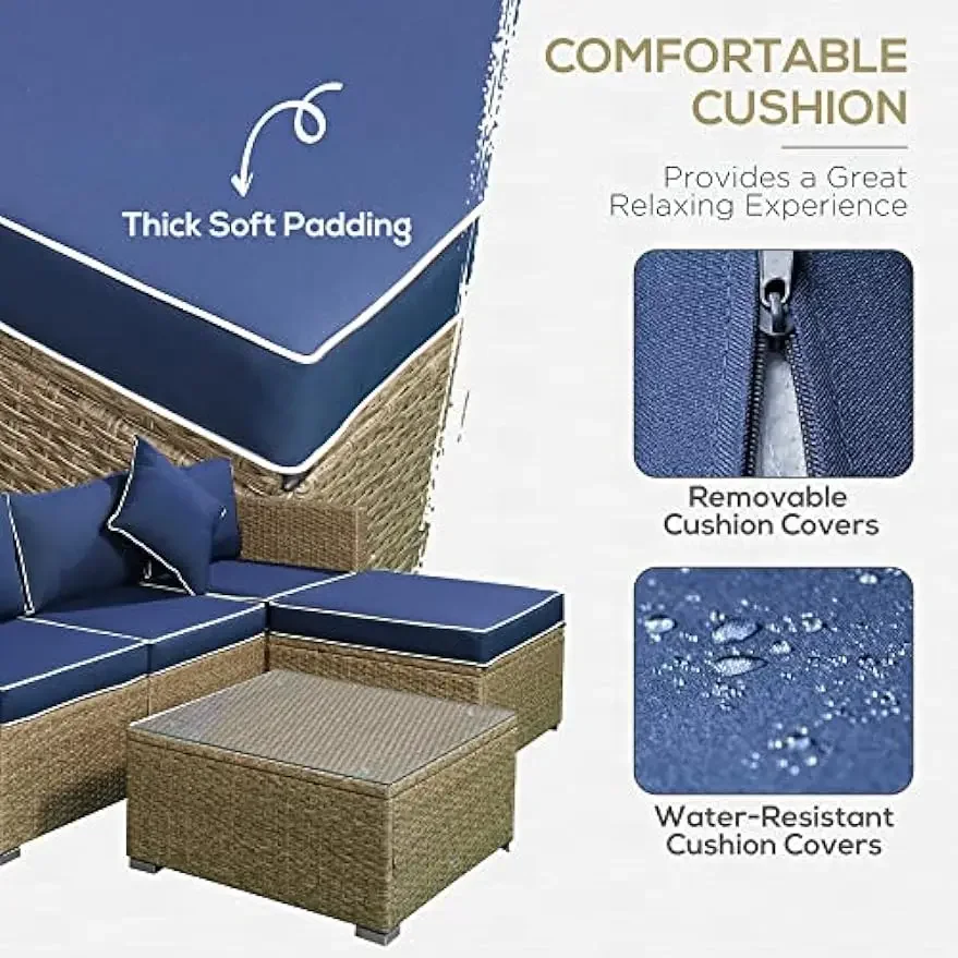 6 Piece Patio Furniture Set Outdoor Wicker Conversation Set All Weather PE Rattan Sectional Sofa Set with Ottoman