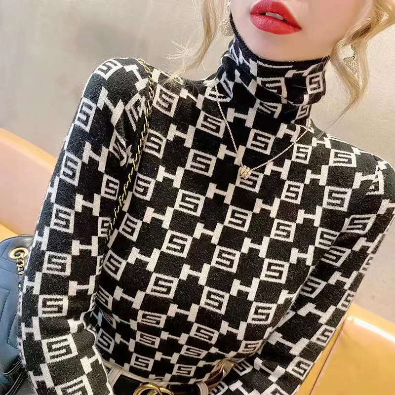 Women Clothing Fashion Elegant Knit Jumper Vintage Y2k Letter Jacquard Pullovers Autumn Winter Slim Wool Turtleneck Sweaters