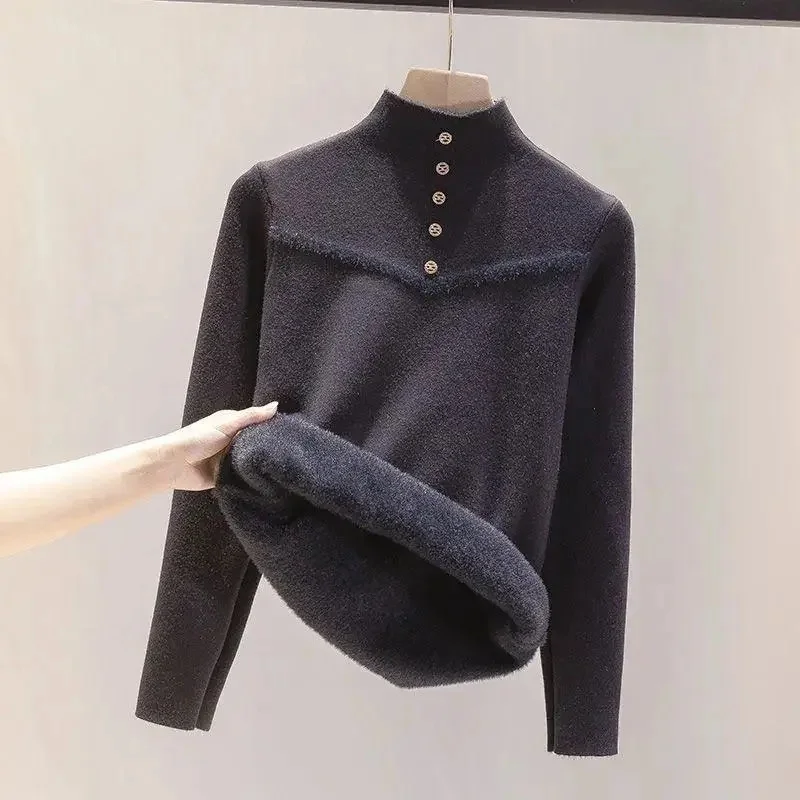 2023 Nieuwe Dames Winter Gevoerde Trui Casual Dikke Warme Gebreide Tops Koreaanse Slanke Pullover Zacht Fluwelen Gebreide Trui