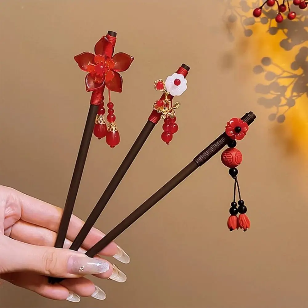 New Year Red Chinese Style Wood Hairpin Classical Temperament Tassel Hair Sticks Antique Hanfu Cheongsam Headdress