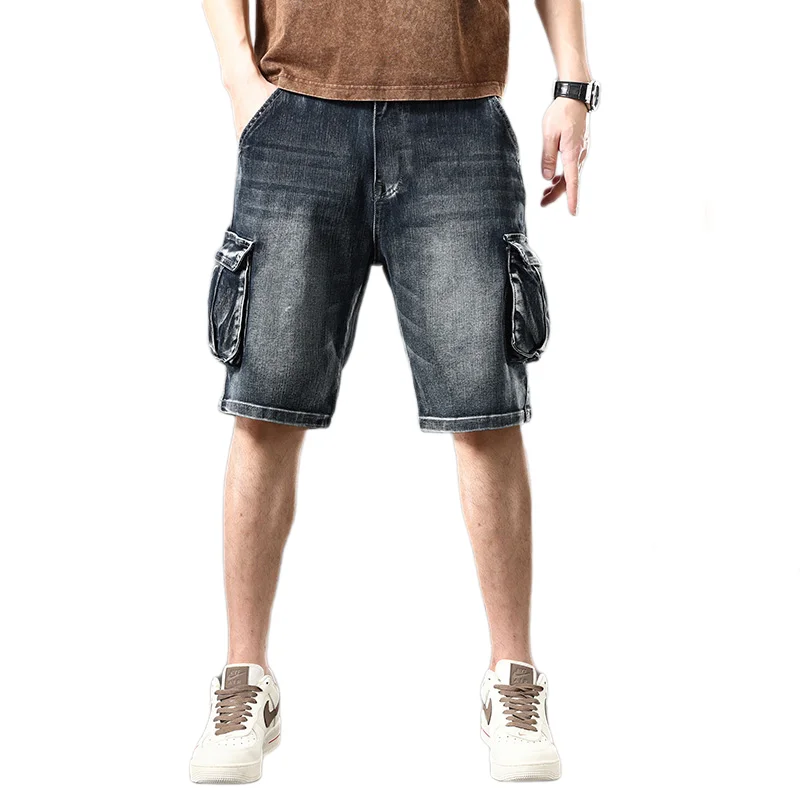 

Multi bag five point denim shorts, men's loose, large-sized cut and size added, summer thin section street shorts, men's 44