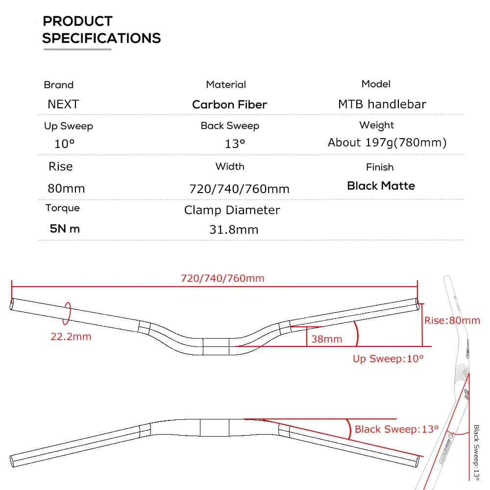 مقود NEXT Full Carbon MTB XC خفيف الوزن أسود غير لامع 13 °   كنس خلفي كبير بقطر 31.8 مم للدراجات الجبلية
