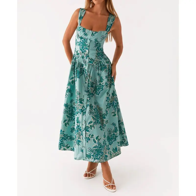 Combhasaki Abito estivo da donna elegante senza maniche con stampa floreale abbottonato spalline larghe collo quadrato smocked swing abito lungo a trapezio
