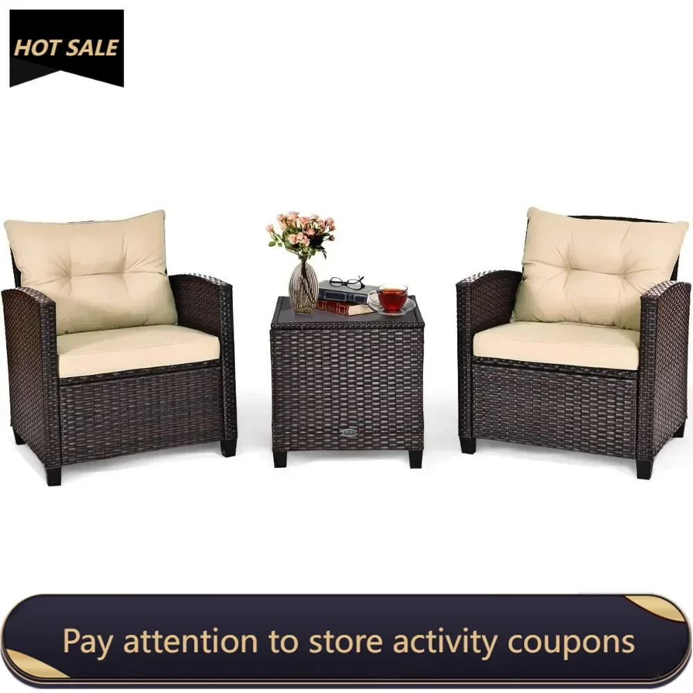 3 Pieces Patio Furniture Set PE Rattan Wicker 3 Pcs Outdoor Sofa Set W/Washable Cushion and Tempered Glass Tabletop Tools Sets