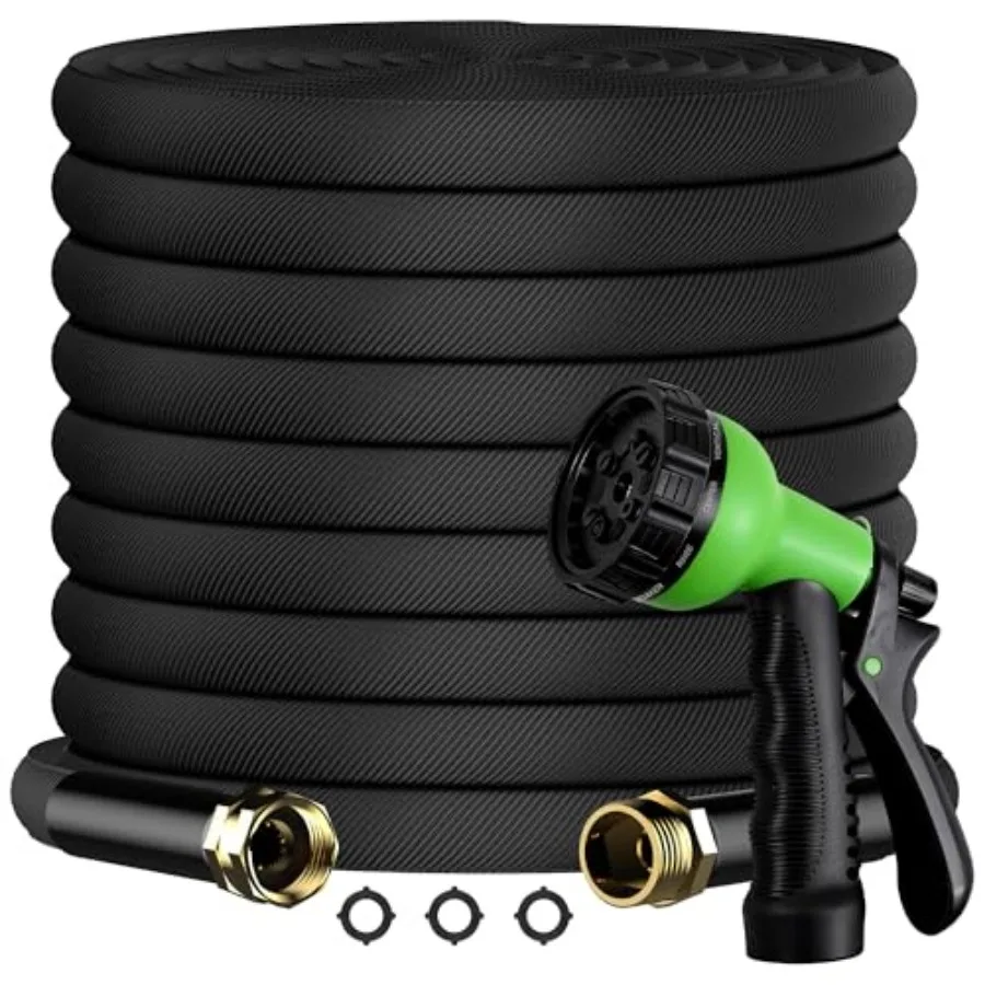 

100Feet Non-Expandable Garden Hose Lightweight Flat Water Hose with 10-Function Spray Nozzle 3/4" Metal Fittings Kink-Resistant