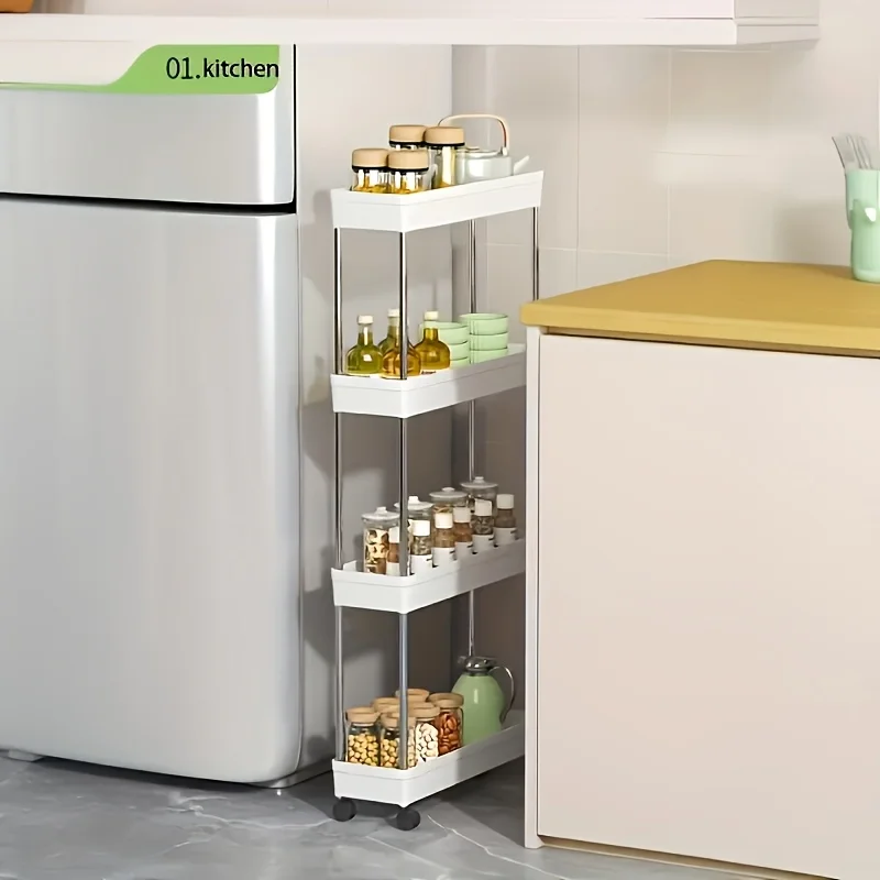 Four story, wheeled, plastic storage cart, multi-layer storage shelves for kitchen, bathroom, and living room, easy to assemble