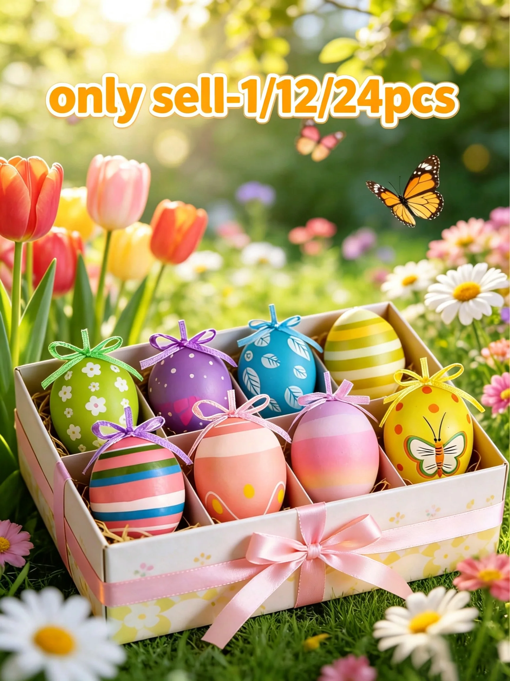 1/12/24pcs Easter Egg Hanging Decorations Set - Assorted Colors Plastic Hand-Painted DIY Craft Tree Ornaments Random Designs