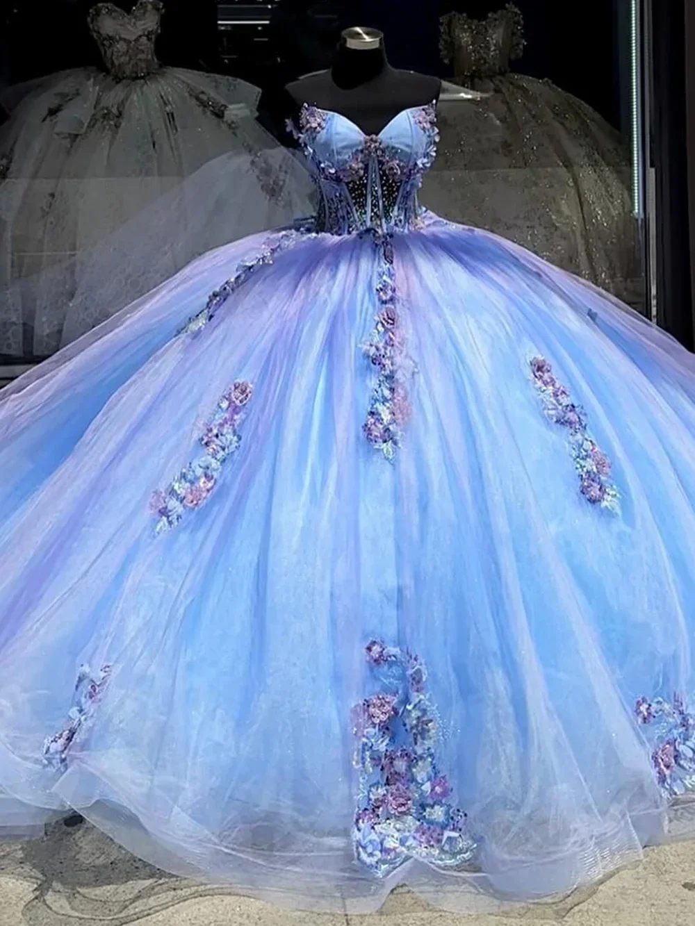 ANGELSBRIDEP-vestidos de quinceañera de princesa azul, vestido de baile de flores, Apliques de encaje, corsé de cuentas sin tirantes, tul dulce 16, personalizado