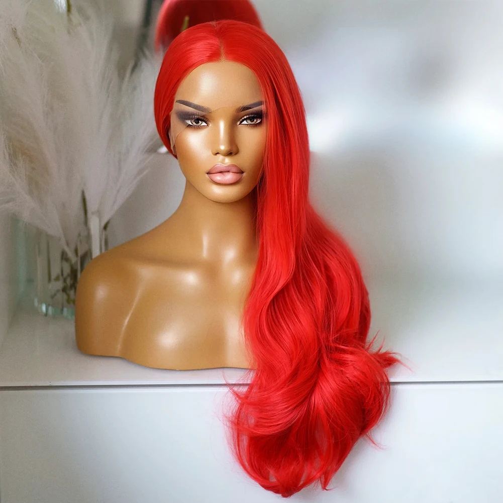 AIMEYA Red Synthetic Lace Front Wig Body Wave Wigs for Black Women Long Natural Hairline Lace Wig Party Cosplay Wigs Daily Used