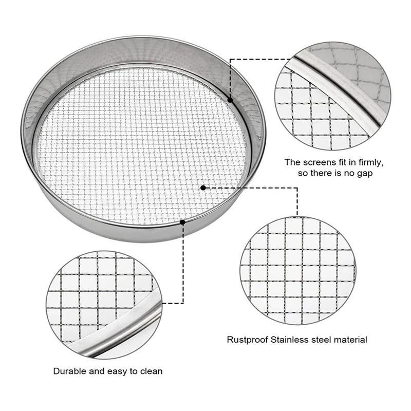 Soil Sifter Stainless Steel Riddle Sieve Set For Gardening With 5 Sizes 8In Diameter 1/3/6/9/12Mm Interchangeable Meshes Durable